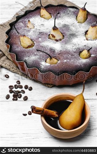 Cake with pear. Pie with pears and coffee drink with cinnamon