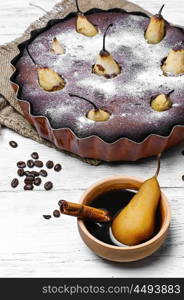 Cake with pear. Pie with pears and coffee drink with cinnamon