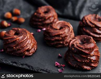 cakes in chocolate glaze on stone board