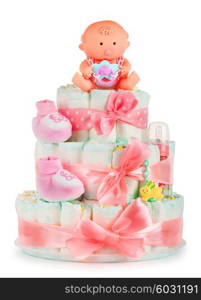 Cakes made of diapers on white