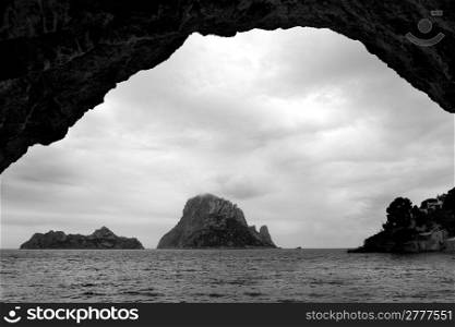 Cala d Hort Ibiza island beach with Es Vedra in black and white