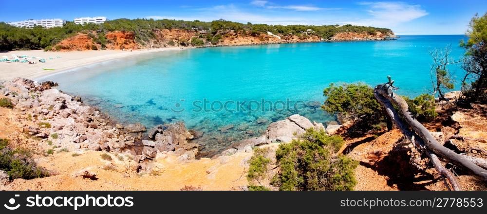 Cala Llenya in Ibiza panoramic of turquoise water in Balearic islands