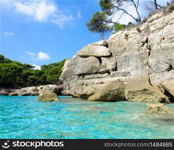Cala Macarella bay with crystal clear azure water, Island of Menorca, Balearic Islands, Spain