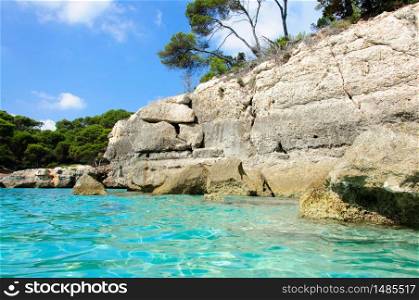Cala Macarella bay with crystal clear azure water, Island of Menorca, Balearic Islands, Spain