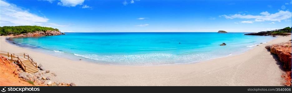 Cala Nova beach in Ibiza island panoramic with turquoise water in Balearic Mediterranean