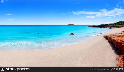 Cala Nova beach in Ibiza island with turquoise water in Balearic Mediterranean