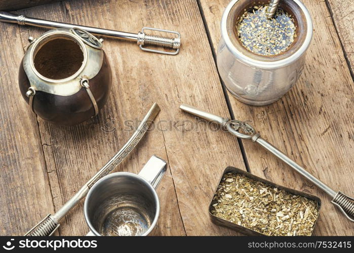 Calabash and bombilla with yerba mate.Traditional yerba mate tea. Yerba mate tea