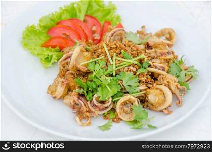 Calamari, deep fried squid with garlic , served with fresh vegetables on dish