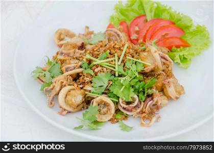Calamari, deep fried squid with garlic , served with fresh vegetables on dish
