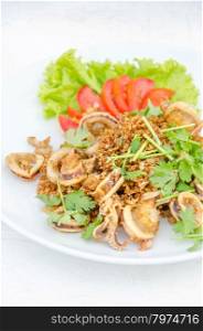Calamari, deep fried squid with garlic , served with fresh vegetables on dish. deep fried squid