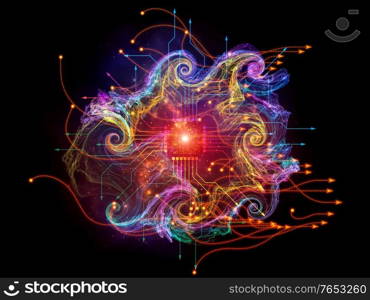 Calculating Turbulence series. Rendering of CPU elements, connections and fractal turbulence on the subject of computer technology, science and education.