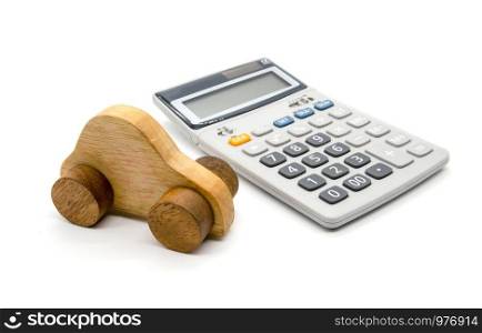 Calculator and car wood on white background