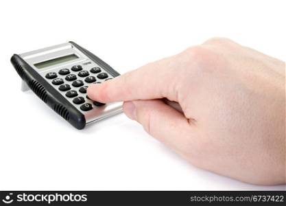 calculator and hand over a white background