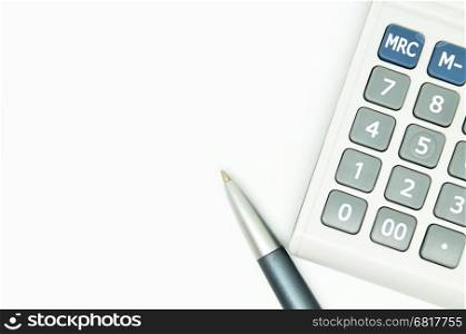 Calculator and pen isolated on white. Business growth strategy concept