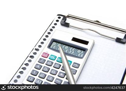 calculator and pen on a white background