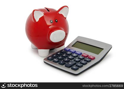 Calculator and piggy bank on white