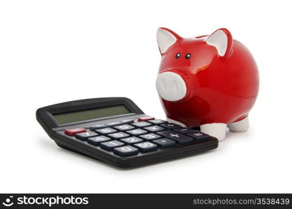 Calculator and piggy bank on white