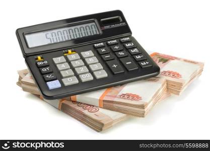 Calculator and stack of money isolated on white