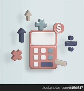 Calculator, coins and mathematical object form on pastel colour background. 3d render illustration. Financial icon concept.