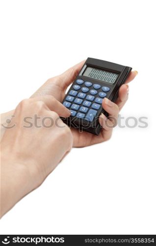 Calculator in feminine hand insulated on white background