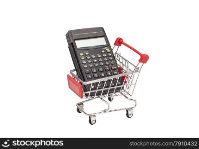 Calculator in shopping trolley cart isolated on white.Financial concept.