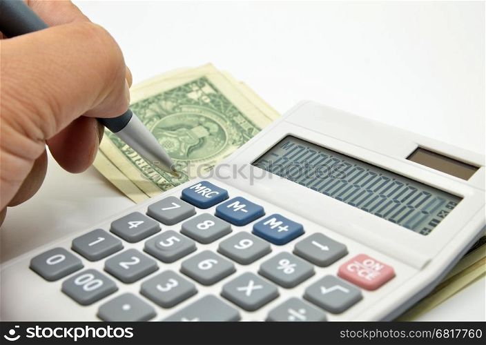Calculator, money and pen isolated on white. Business growth strategy concept