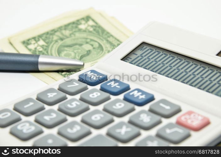 Calculator, money and pen isolated on white. Business growth strategy concept