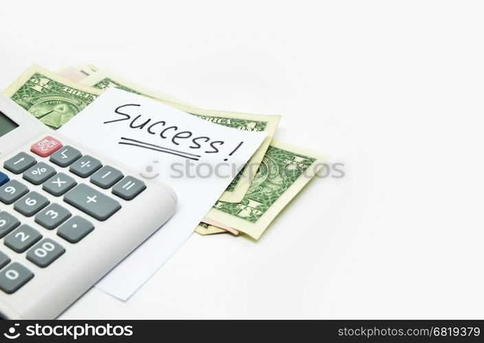 Calculator, money and success word on white background