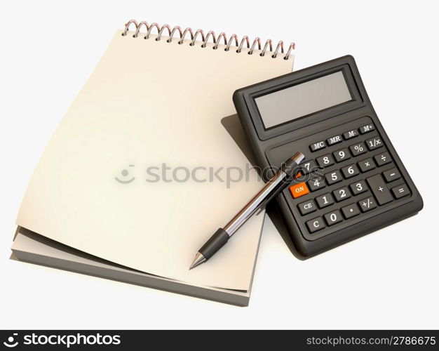 calculator, notebook and pen. 3d