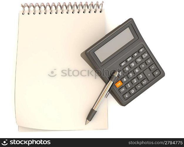calculator, notebook and pen. 3d
