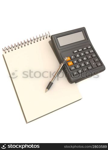 calculator, notebook and pen. 3d