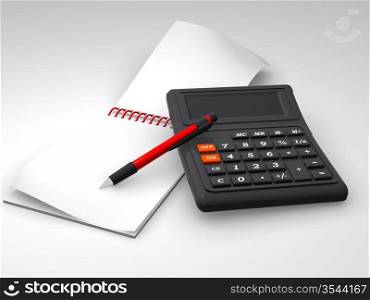 calculator, notebook and the pen. 3d