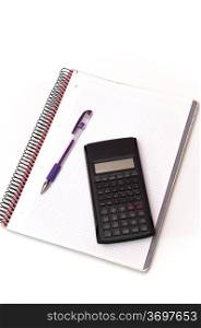 calculator notebook with notes on a white background
