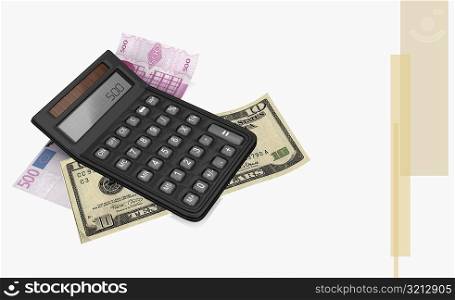 Calculator on a five hundred Euro bank note and an American ten dollar bill