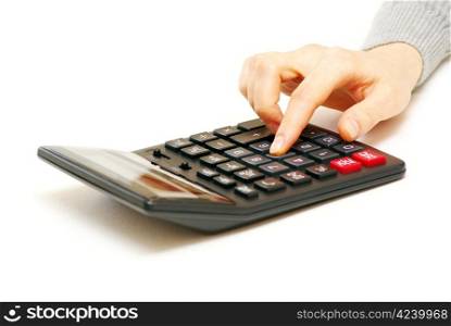 calculator with hand isolated on white