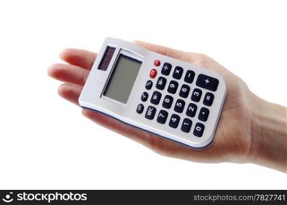 calculator with hand isolated on white background