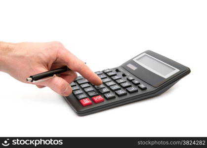 Calculator with hand on white