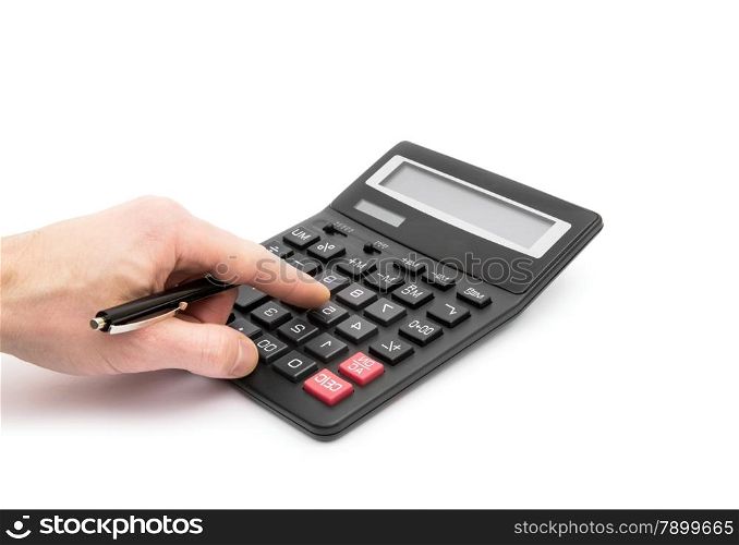 Calculator with hand on white