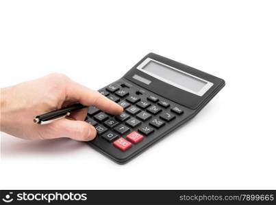 Calculator with hand on white