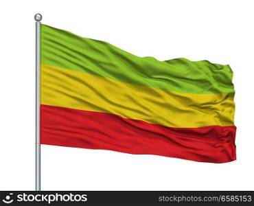 Caldas City Flag On Flagpole, Country Colombia, Antioquia Department, Isolated On White Background. Caldas City Flag On Flagpole, Colombia, Antioquia Department, Isolated On White Background