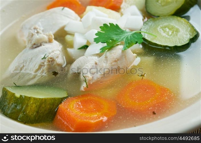 Caldo de pollo - Latin-American chicken soup .