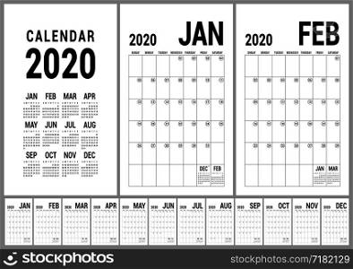 Calendar 2020. English calender template. Vector planner grid. Office business planning. Creative design