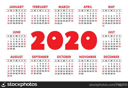 Calendar 2020 vector grid. English template. Kids design