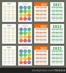 Calendar 2021, 2022 and 2023. English color vector set. Vertical wall or pocket calender template. Golorful big design collection. New year. Week starts on Sunday