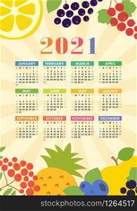 Calendar 2021. Wall poster. Organic healthy food. Color fruits and berries sketch menu. Fresh rowan, apple, lemon, pineapple, red currants, blueberry and chokeberry. Colorful design template. Hand drawn vector