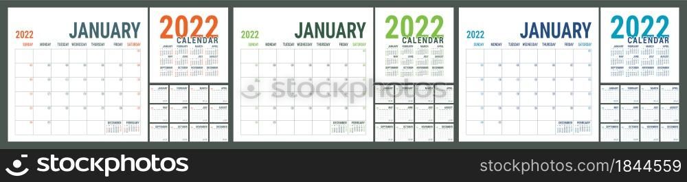 Calendar 2022 year. English planner template. Vector square grid. Office business planning. Creative design. Green color