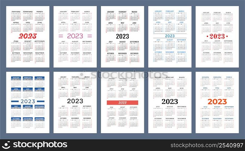 Calendar 2023 year set. Vector pocket or wall calender template collection. January, February, March, April, May, June, July, August, September, October, November, December.. Calendar 2023 year set. Vector pocket or wall calender template collection. January, February, March, April, May, June, July, August, September, October, November, December