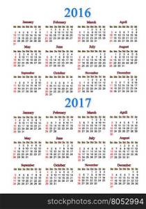 calendar for 2016 and 2017 years on the white. calendar for 2016 and 2017 years on the white background