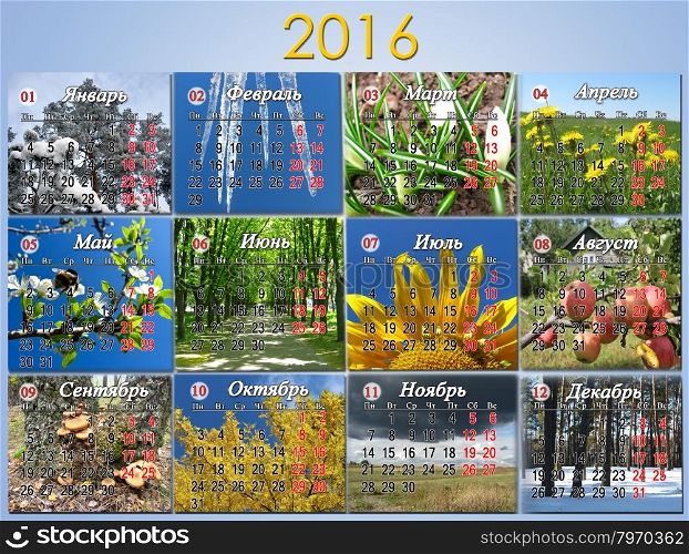 calendar for 2016 in Russian with photo for every month. calendar for 2016 in Russian with photo of nature for every month. Calendar for office using