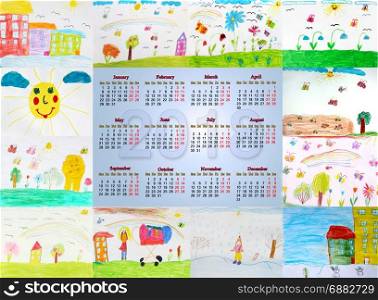 calendar for 2018 with childish drawings. beautiful calendar for 2018 with different childish drawings for every month